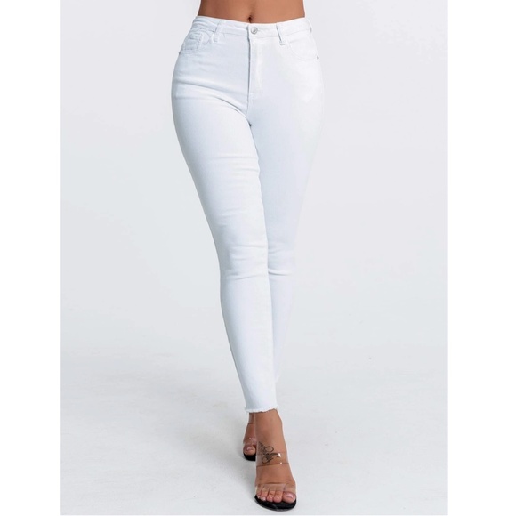 High Stretch White Skinny Jeans Raw Hem Zipper Fly  Buttons Pockets - Picture 3 of 7